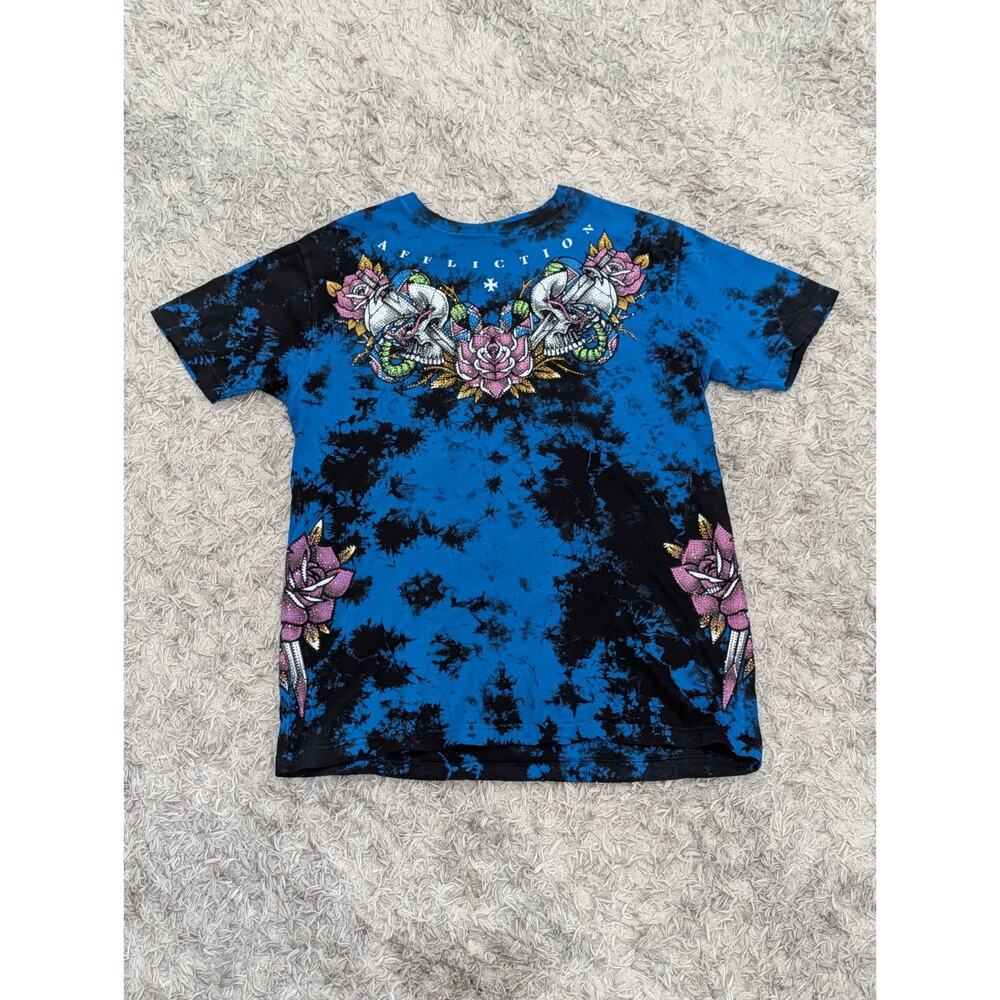 Affliction Shirt Womens Medium Short Sleeve Rhinestone Skull Flower Blue Top